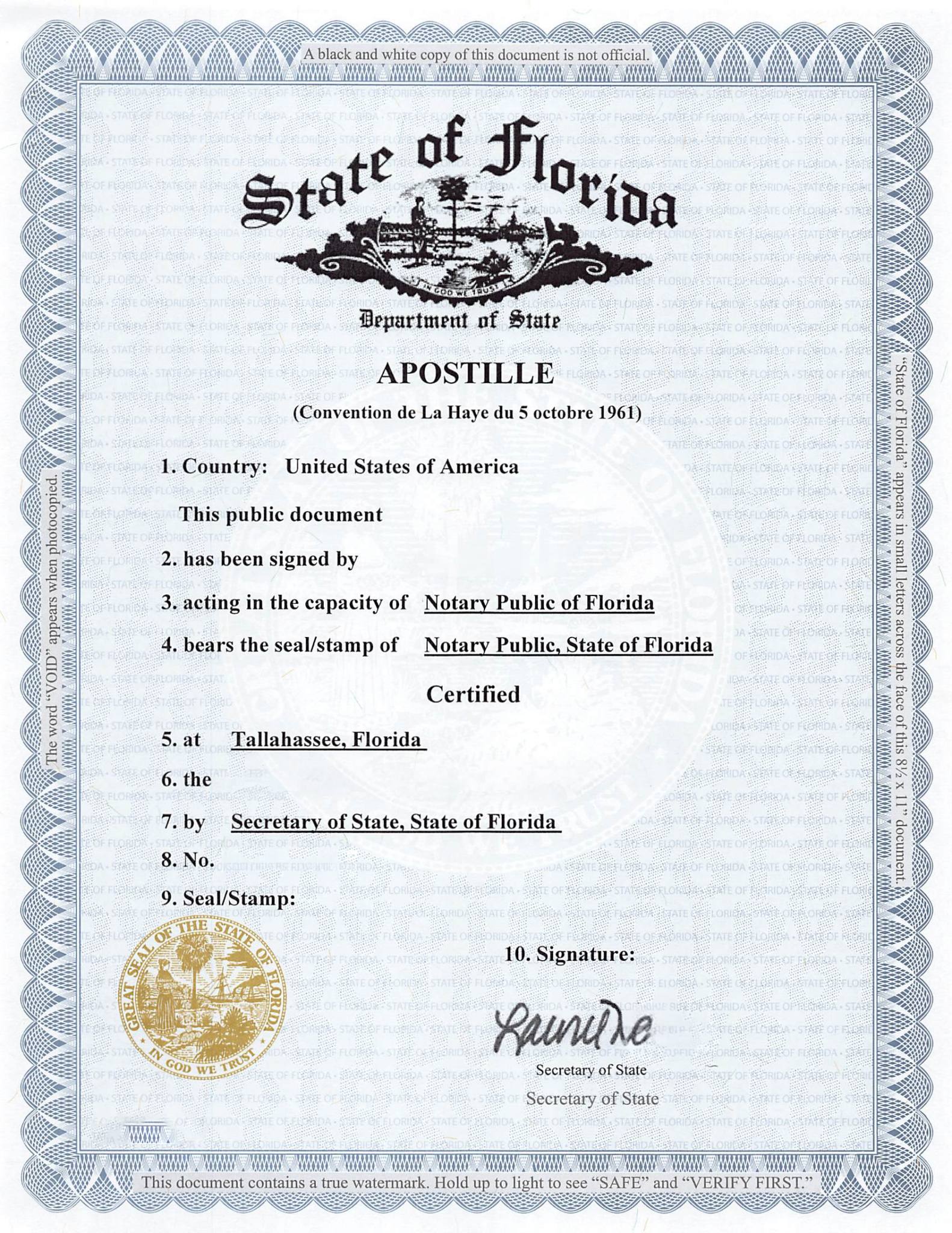 Official Florida Department of State apostille certificate